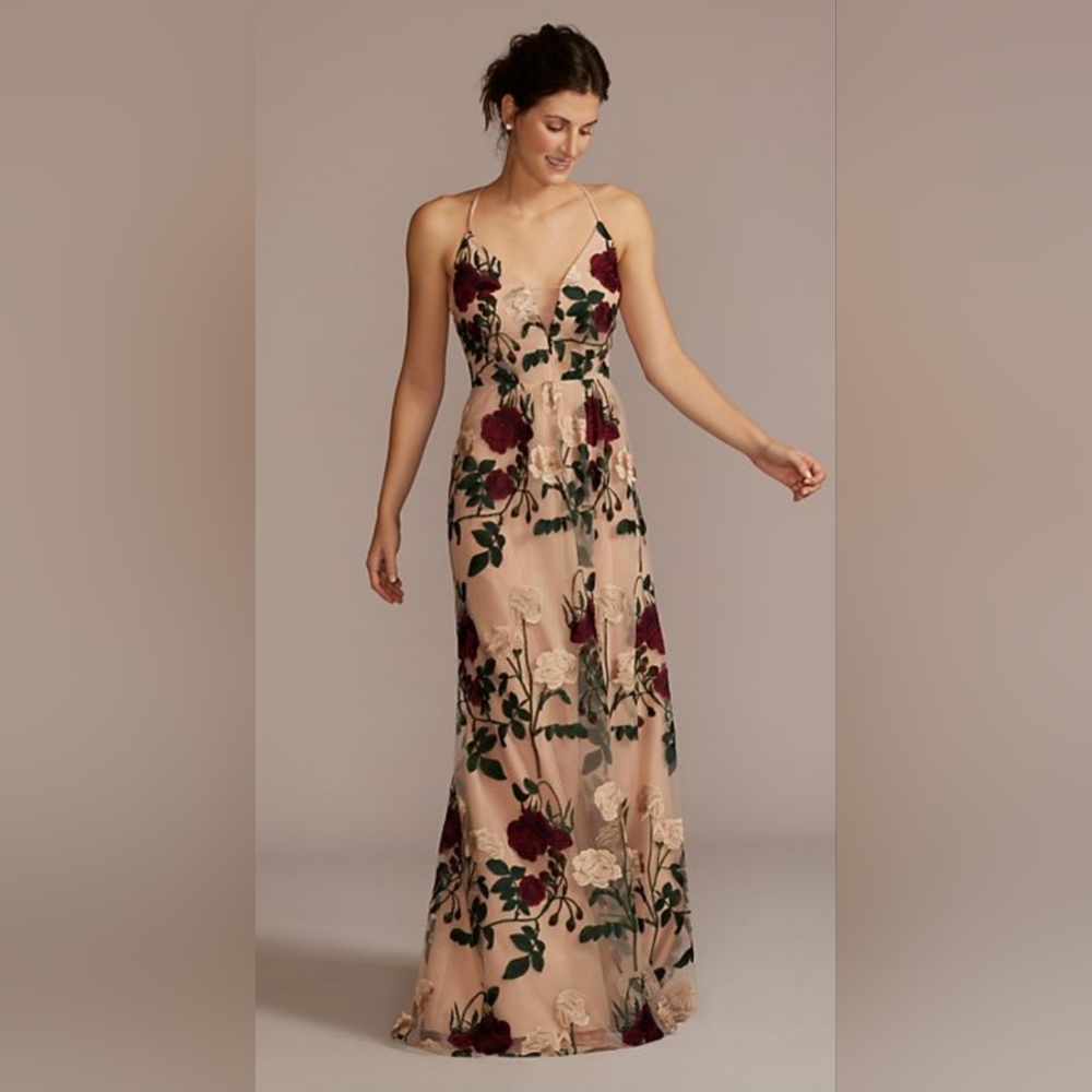 Davids Bridal Embroidered Spaghetti Strap Bridesmaid Dress